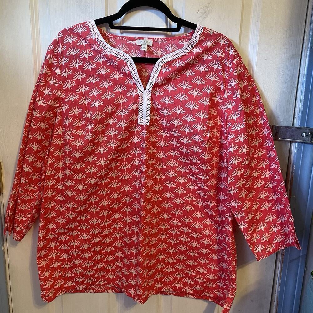 Talbots V-Neck Floral Tunic Peasant Top XL Pink 100% Cotton Embroidered Prairie